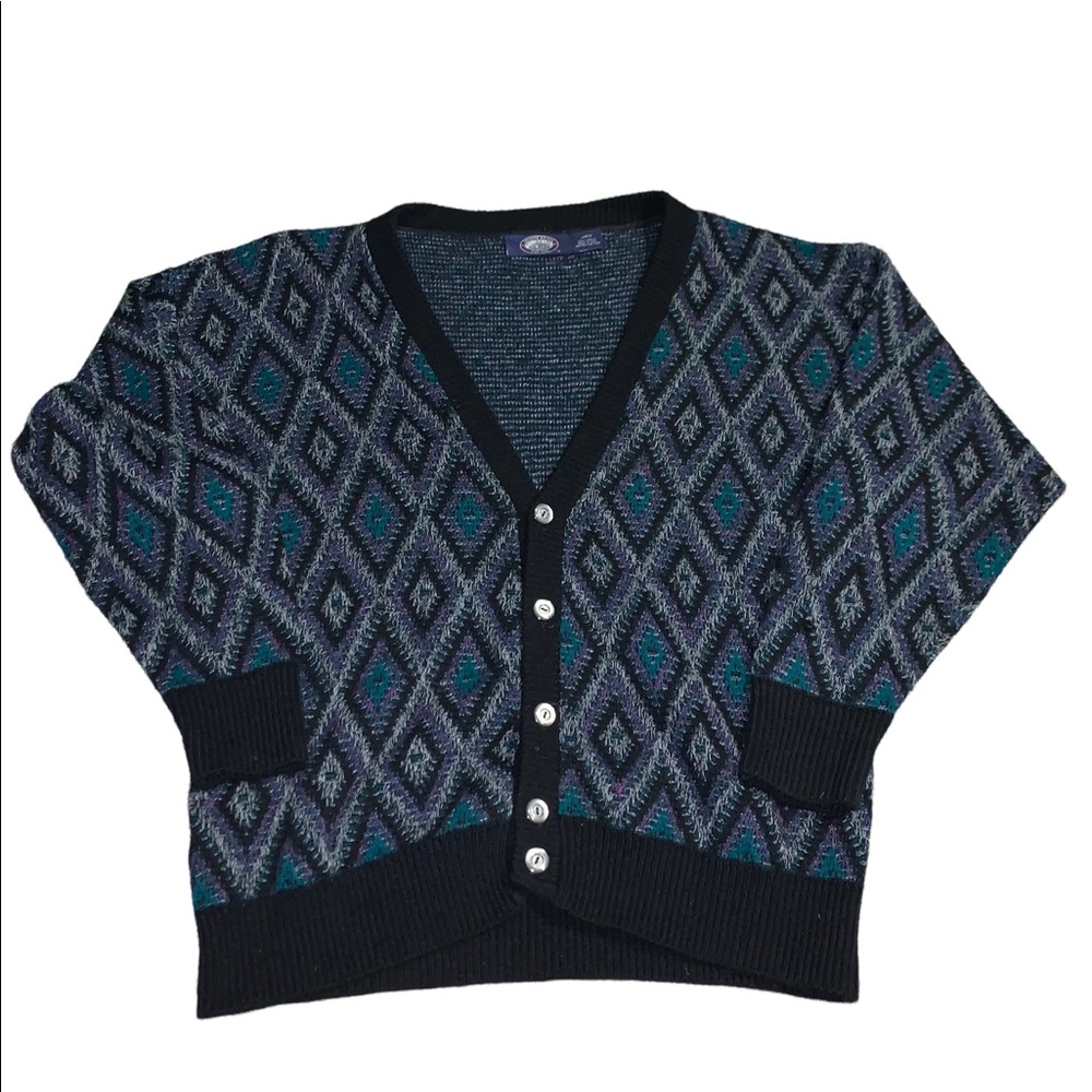 Vintage 80s Knights Bridge Men’s Cardigan Sweater Diamond Geometric Purple Blue